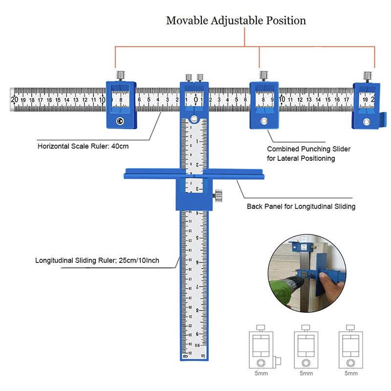 Image secondaire de ASNOMY Gabarit de poinçonnage pour bois, Gabarit de perçage réglable pour placard, guide de perçage pour l'installation de poign