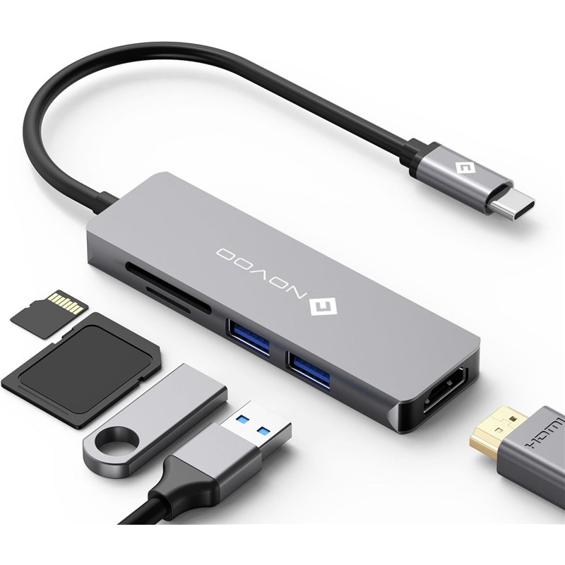NOVOO Hub USB-C vers HDMI 4K, Lecteur de Carte SD & Micro SD, 2 x USB 3.0, Adaptateur en Aluminium pour MacBook Pro, New MacBook