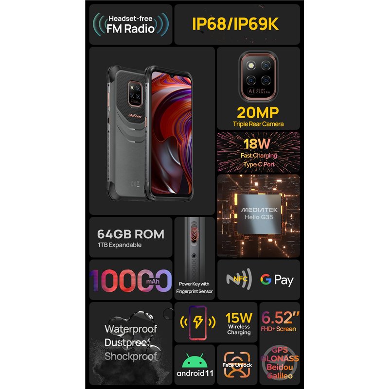 Image secondaire de Ulefone Power Armor 14 Téléphone Incassable, Batterie 10000mAh, 6,52’’ 20MP+16MP Caméra(Photographie sous-Marine), Android 11 Et