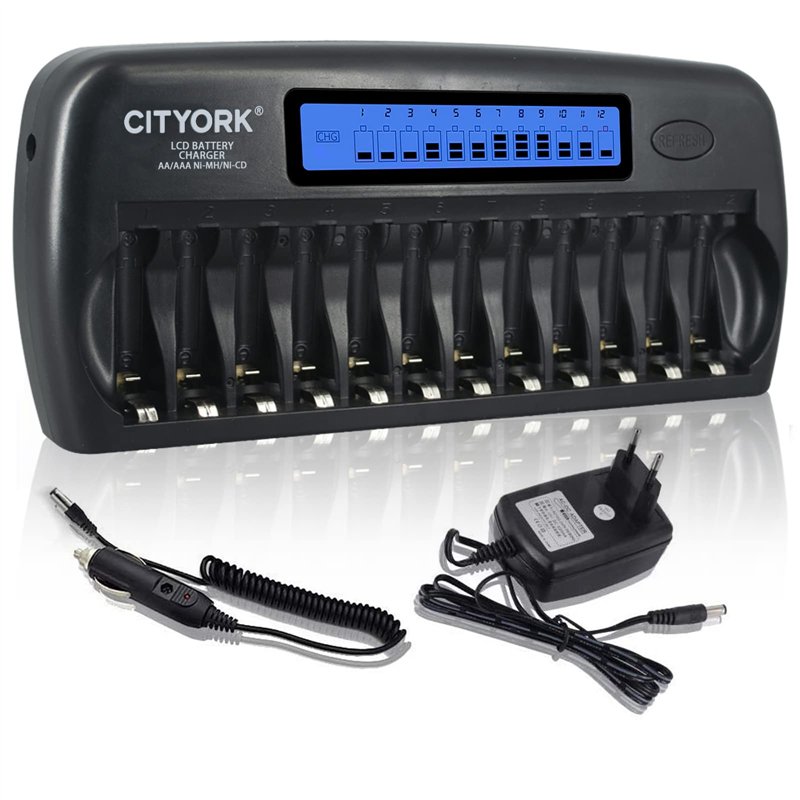 CITYORK Chargeur de Piles 12 Slots pour Ni-MH Ni-CD AA/AAA Piles Rechargeables avec écran LCD Intelligent et décharge et Protect