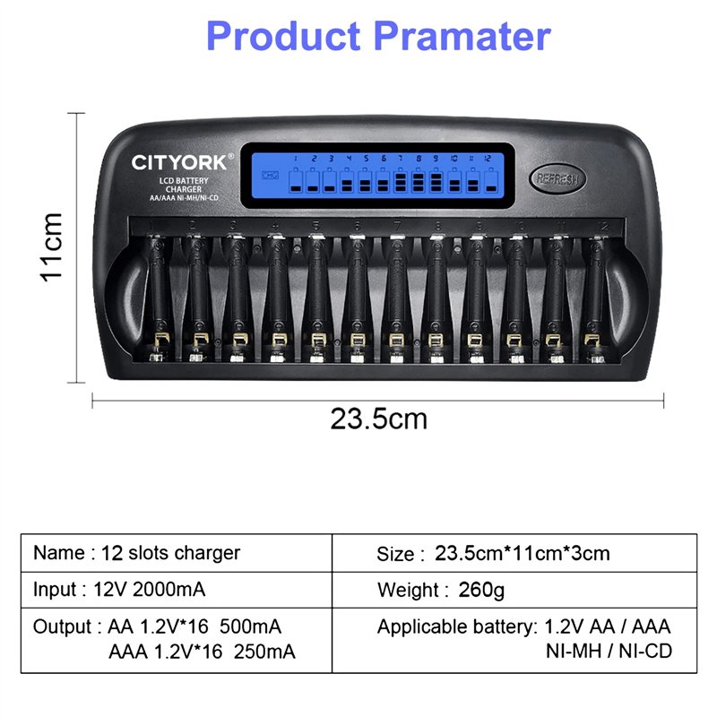 Image secondaire de CITYORK Chargeur de Piles 12 Slots pour Ni-MH Ni-CD AA/AAA Piles Rechargeables avec écran LCD Intelligent et décharge et Protect