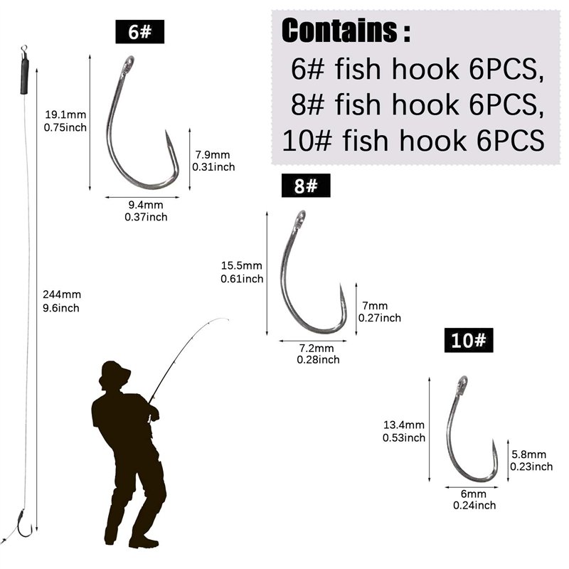 Image secondaire de GZLCEU 18 Pcs Hameçon Pêche, Acier Inoxydable Crochet Carpe avec Bas de Ligne pour Eau Douce et Eau Salée Materiel Accessoire 6#