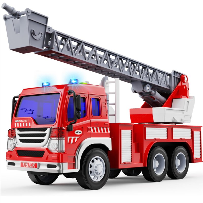 GizmoVine Gros Camion Pompier Jouet, Grand Voiture Pompiers XXL avec Échelle, Sonore et Lumineux, Realiste Maquette Véhicule, Fi