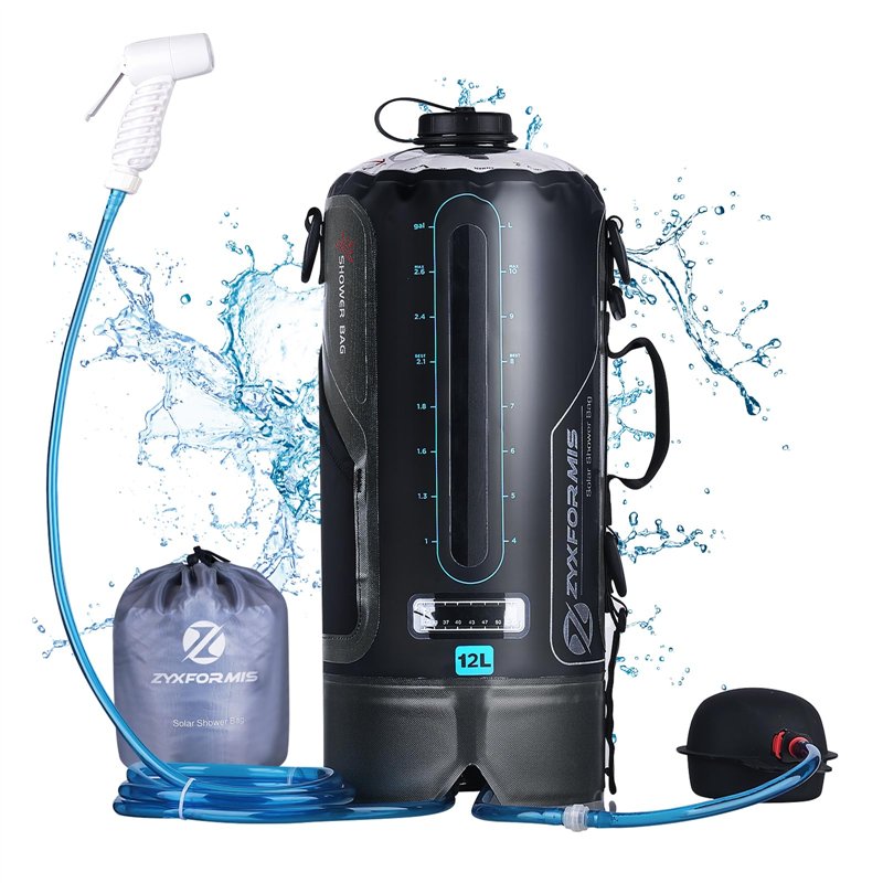Douches solaires Camping Propulsé Solaire 12L TPU Portable Sac avec Tuyau Amovible Long et Pression Pompe Buse de Affichage de l