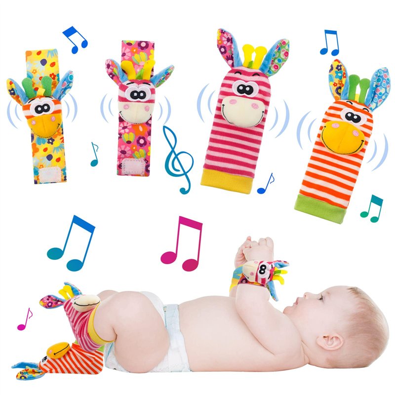 KroY PecoeD Bébé Poignet et Chaussettes Hochet, 4 Pcs Hochet Bebe Bell Strap Poignet et Pied Finder Jouets d'éveil pour Tout-pet