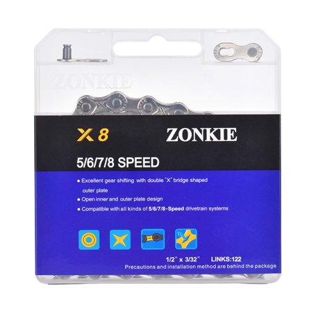 zonkie Chaîne de vélo 5/6/7/8 vitesses 1/2 x 3/32" 122 maillons