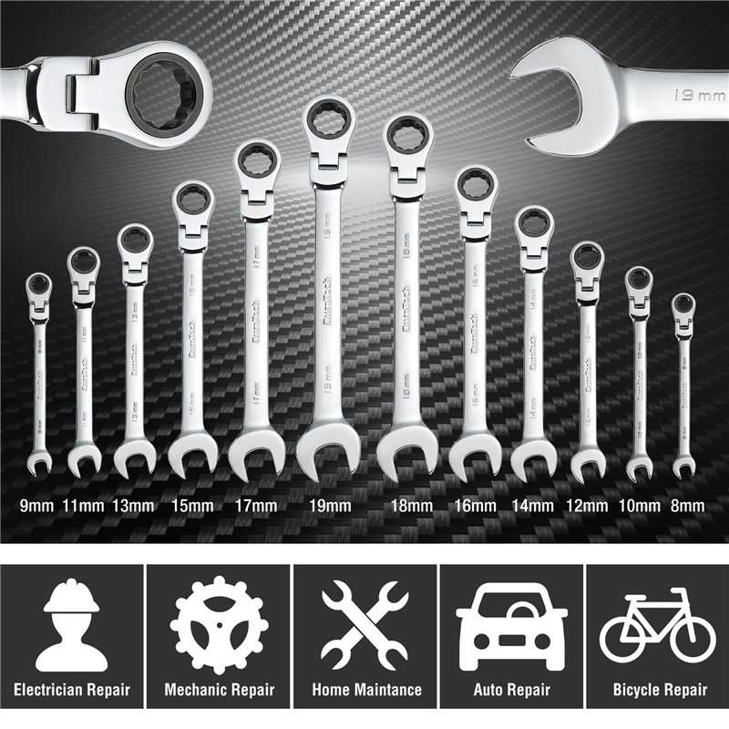 Image secondaire de DURATECH Jeu de Clés à Cliquet Articulées, Mixtes à Cliquet Tete Flexible, Lot de Clé Plate à Cliquet 12 pièces 8-19mm, en Acier