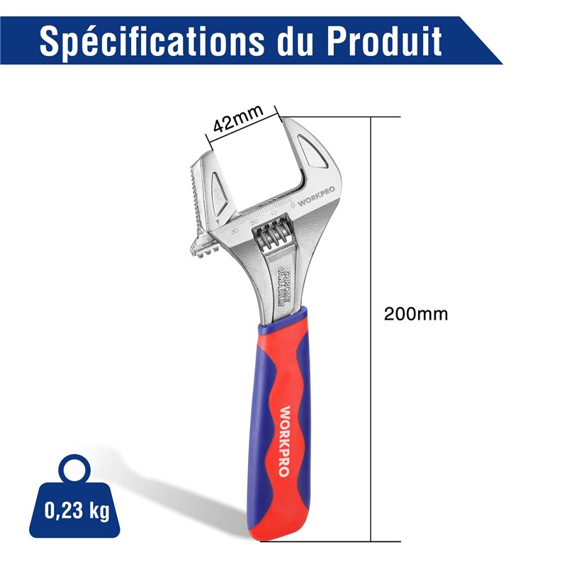 Image secondaire de WORKPRO Clé à Molette et Pince Multiprise 2 en 1 avec Grande Ouverture 42 mm et Poignée Bi-Matière, Longeur 200mm