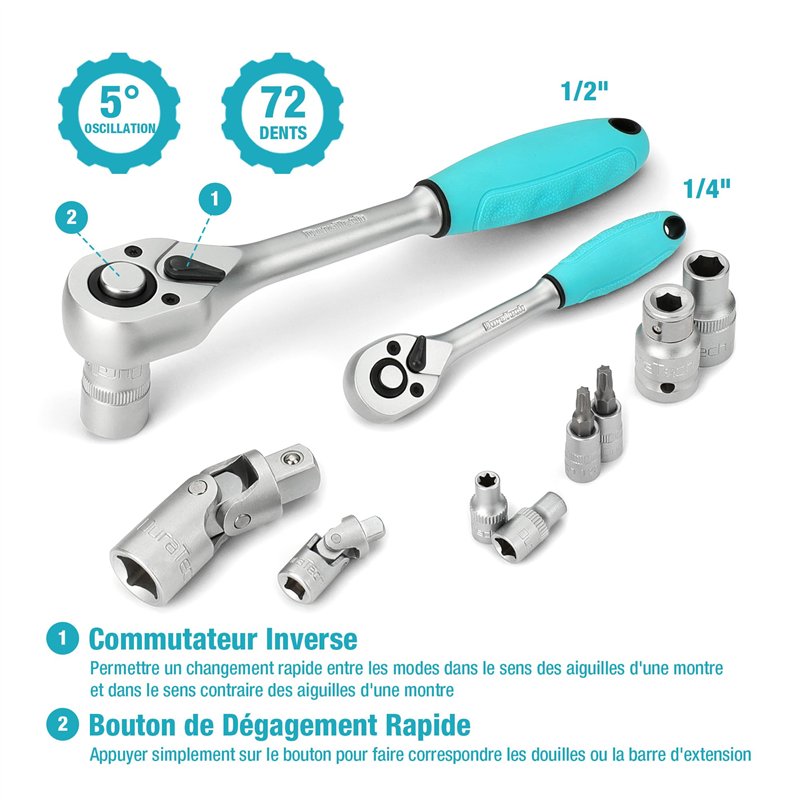 Image secondaire de DURATECH Coffret de Douilles Embouts et Clés à Cliquet 108 pièces, Cliquet Réversible 1/2