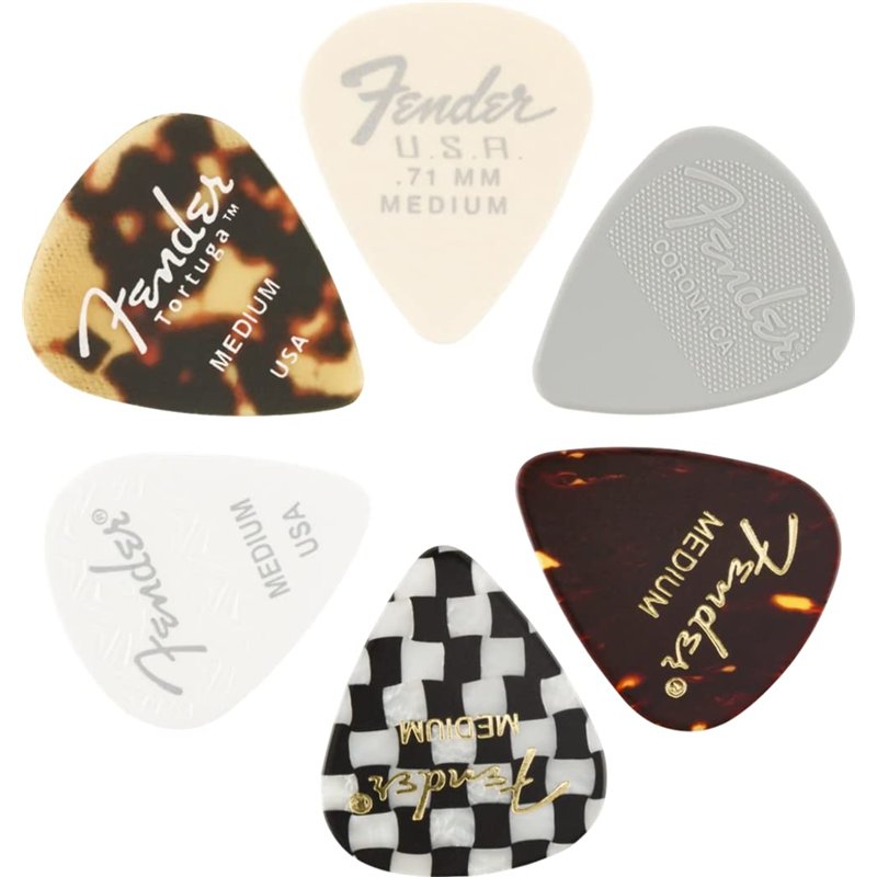 Fender© '351 Material Medley Picks' Médiators pour Guitare et Basse - Diverses couleurs et matériaux - Medium - Set de 6
