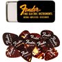 Fender »FINE ELECTRIC PICK TIN« Médiators dans boîte de collection - 12 Pièces - Celluloid - Forme 351-3 Épaisseurs - Couleur To