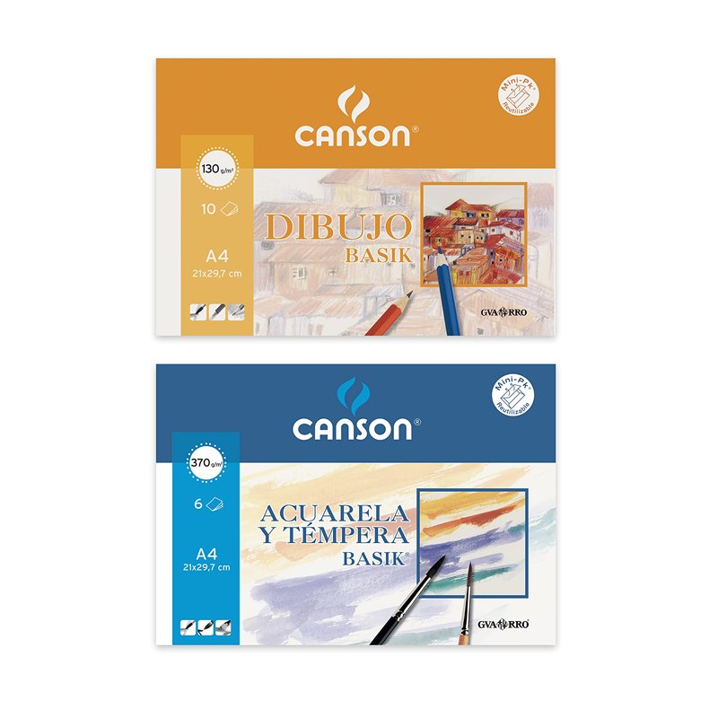 Image secondaire de Canson - 1 Minipack A4 de 10 feuilles Dessin Basik 130 g et 1 Minipack A4 de 6 feuilles Aquaela Basik 370 g