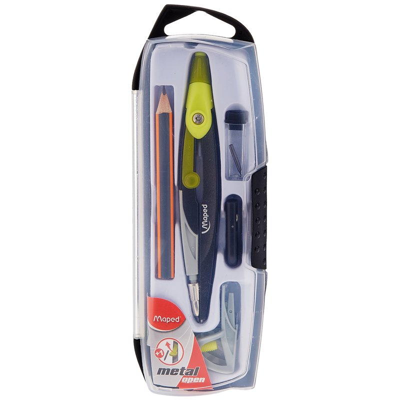Maped - Fournitures, Accessoires - Compas Maped métal - Coffret 5 pièces Open métal avec Bague Universelle, Coloris Assortis