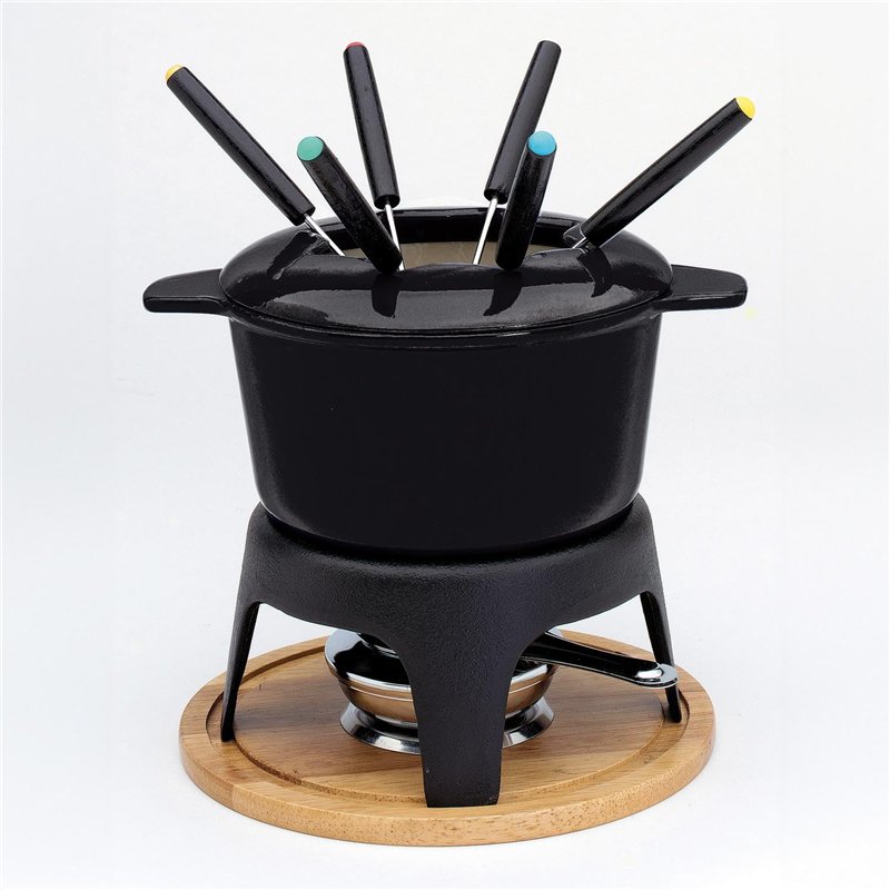 Baumalu 385051 Service à Fondue Fonte Noir avec Plateau en Bois, Métal