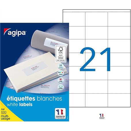 Apli Agipa – Boite Étiquettes Adhésives Blanches Multi–Usages Coins Droits – Certifié FSC – Anti-bourrage - 70 x 42 mm – 2100 Ét