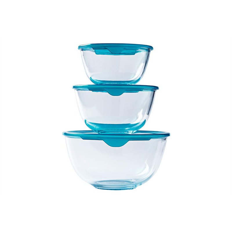 Pyrex - Lot de 3 bols en verre résistants avec couvercle - 0,5L - 1L - 2L - Couvercles hermétiques - Made in France