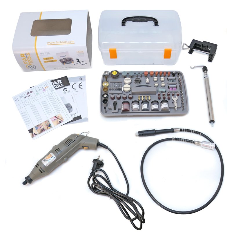 Image secondaire de Fartools One Pack mini meuleuse 130 W, 210 accessoires dont support étau et flexible, vitesse variable 8000-35000tr/min, changem
