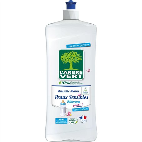 L'Arbre Vert Vaisselle Mains Ecolabel Peaux Sensibles Biberons Aussi ! - Hypoallergénique - 97% d'ingrédients d'origine naturell