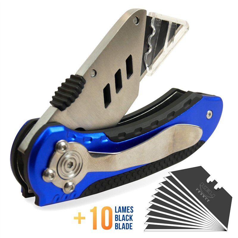 Image secondaire de KELI - Cutter utilitaire professionnel, couteau pliant + 10 Lames Black Blade SK2 (Durée de vie 3 fois supérieure), Alu + Gomme,