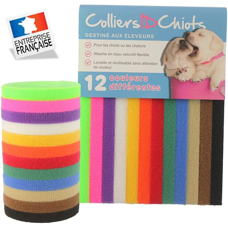 Lot de 12 Colliers d'Identification pour Chiots et Chatons. Ruban doux, réglable et Auto-Adhésif