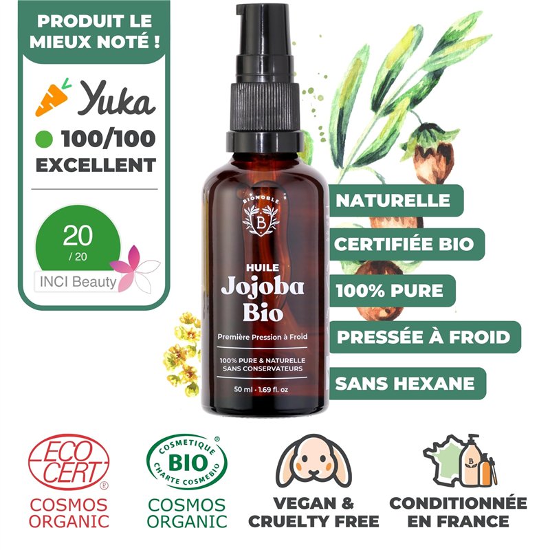 Image secondaire de Bionoble Huile de Jojoba Bio 50ml + Pipette et Pompe - Bouteille en Verre - 100% Pure, Naturelle, Pressée à Froid - Huile de Jojoba