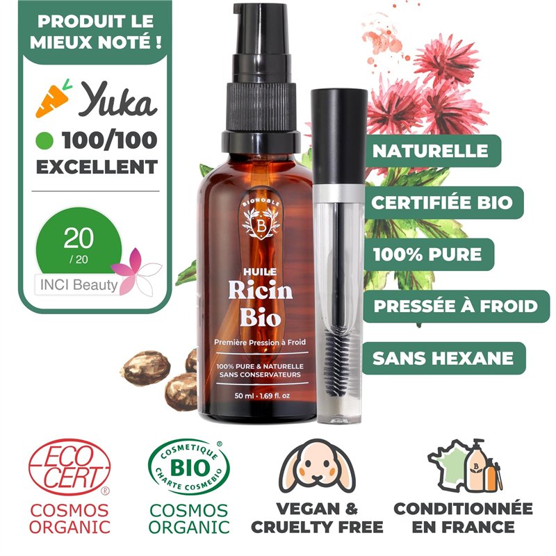 Image secondaire de Bionoble Huile de Ricin Bio 50ml + Kit Mascara, Pipette et Pompe - Bouteille en Verre - 100% Pure, Naturelle, Pressée à Froid - 