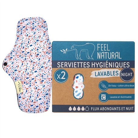 PHARMA'PROTECT- Lot de 2 Serviettes Hygiéniques Lavables - Pour Flux Abondants - Taille Nuit - 100% Coton Ultra Doux - Anti-Fuit