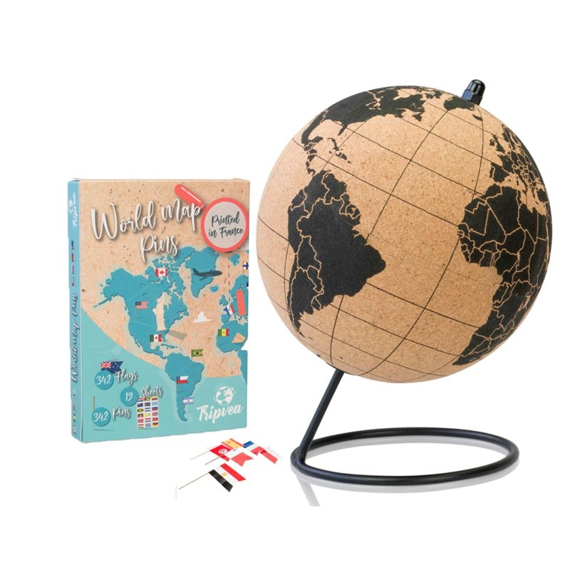 TRIPVEA® Globe terrestre 20 cm Vintage en liège + 342 Drapeaux Autocollants à Planter - Mappemonde décorative thème Voyage - Idé