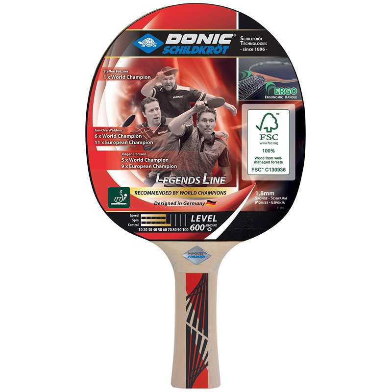Donic-Schildkröt Raquette de Tennis de Table Legends 600 FSC, Poignée Ergo, Éponge 1,8 mm, Bois FSC, Revêtement Prestige - ITTF,