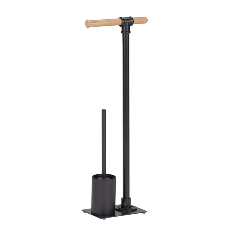 WENKO Serviteur WC 2en1 Forli, Brosse WC et dérouleur papier toilette sur pied, Acier noir et support papier toilette en bambou,