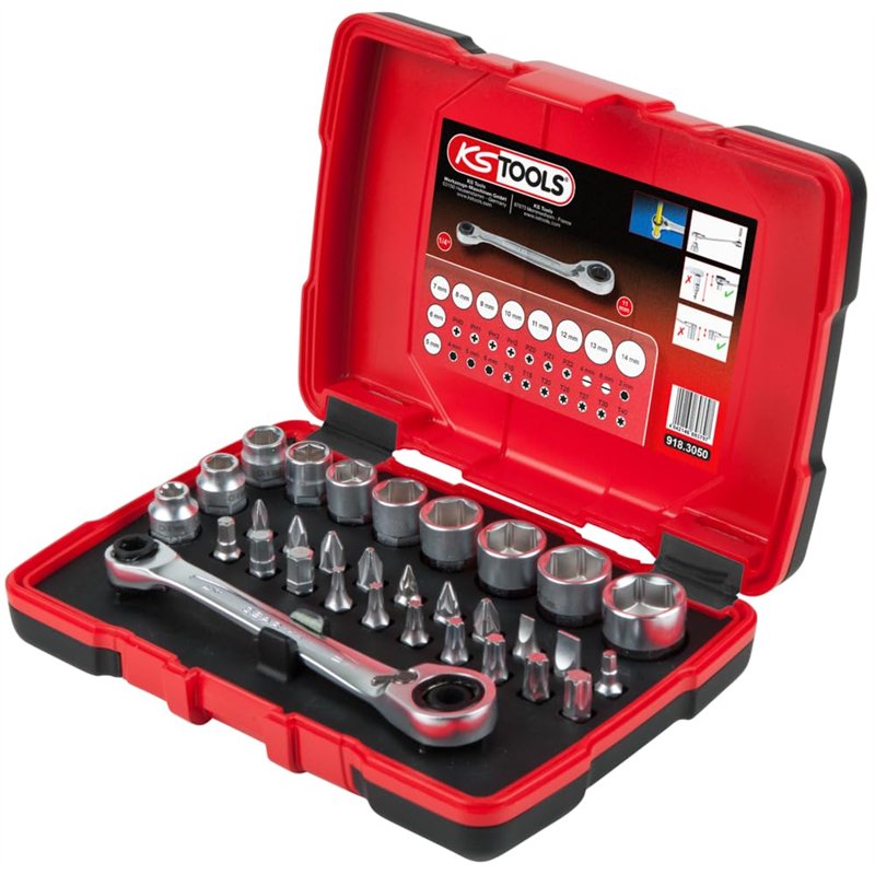 Image secondaire de KS Tools - 918.3050 - Coffret de douilles traversantes 1/4 - 5 à 14 mm - Embouts de vissage - Tête de cliquet inclinée à 15° - U