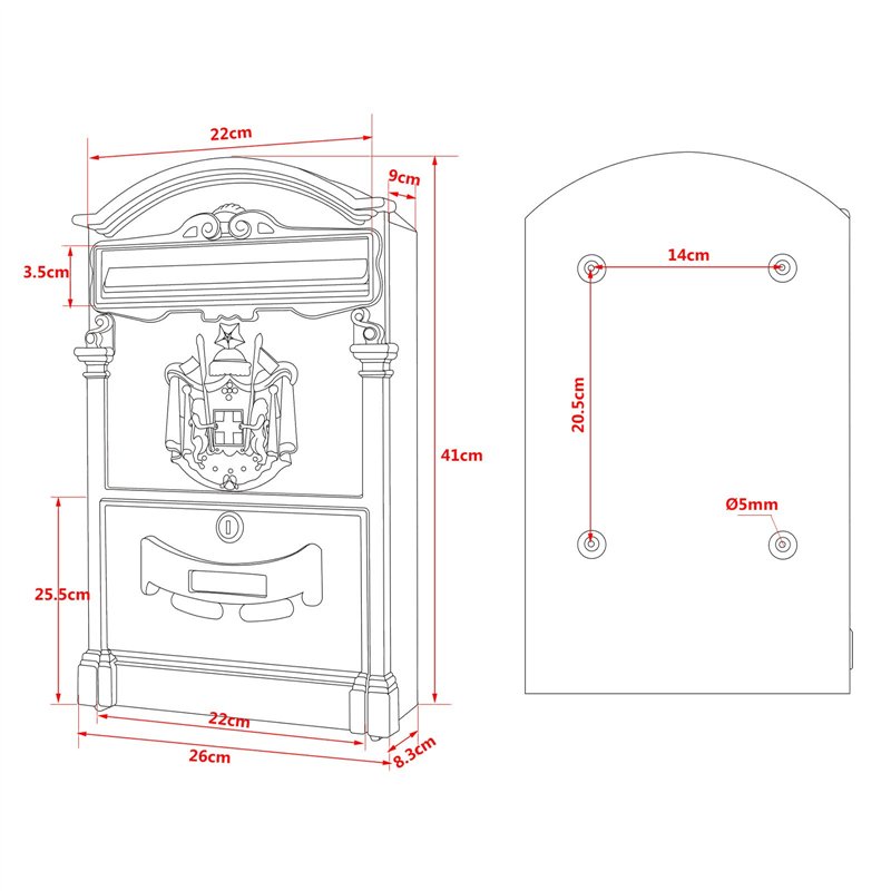 Image secondaire de Wiltec Boîte aux Lettres Murale Design Antique, Blanche, Verrouillable, Alu & Acier galvanisé, 260 x 90 x 400 mm, Fente, clapet 