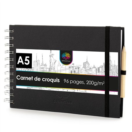 OfficeTree Cahier de Dessin A5-96 Pages 200g Papier Blanc - Format Paysage - Carnet de Croquis A5 Spirale - Sketchbook A5 - Carn