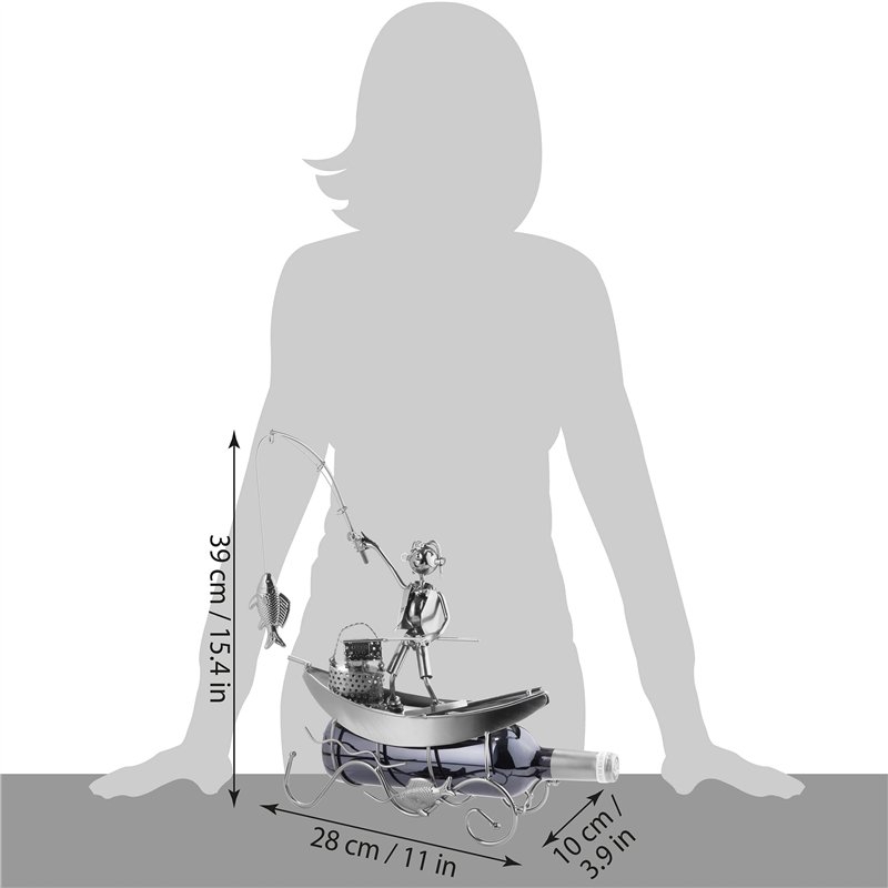 Image secondaire de Brubaker - Porte-Bouteille de vin - Pêcheur dans sa Barque - Sculpture en Métal - Carte de voeux INCL. - Idée Cadeau Originale