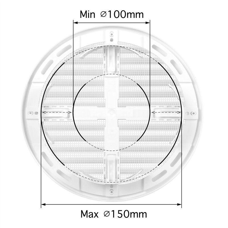 Image secondaire de AWENTA Ø 100 à 150 mm Grille d'aération ronde, plastique blanc, moustiquaire, grille d'air extrait, grille d'air soufflé ou extr