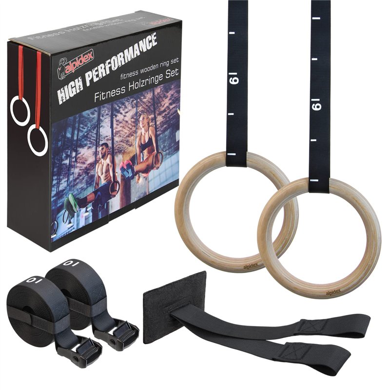 ALPIDEX Anneaux de Sport Anneaux de Gymnastique Anneaux y Compris Fixation de Porte et Sangle de Fixation avec marquage Longitud