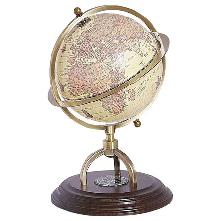 Globe Terrestre Décoratif Beige et Marron avec Support Metallique et Effet Bois 25 cm de Hauteur Idéal pour Salon ou Bureau Rétr