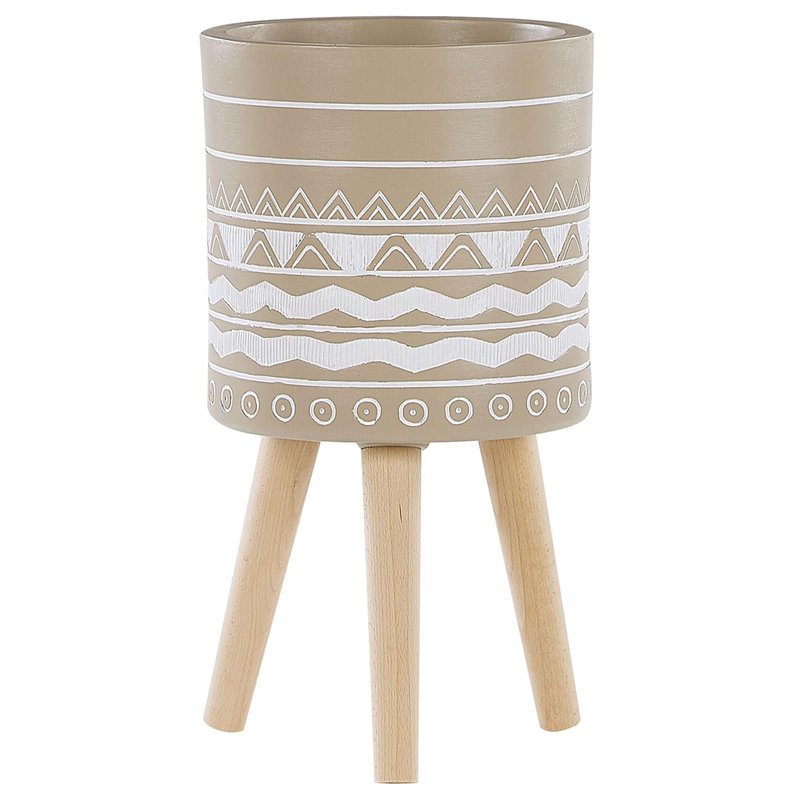 Cache-Pot Support Plantes Beige avec 3 Pieds en Bois 25 cm de Diamètre Motif Ethnique Peint à la Main pour Extérieur et Intérieur