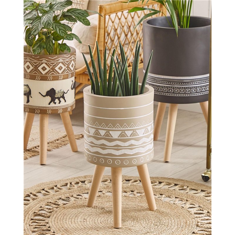 Image secondaire de Cache-Pot Support Plantes Beige avec 3 Pieds en Bois 25 cm de Diamètre Motif Ethnique Peint à la Main pour Extérieur et Intérieur