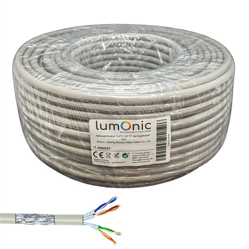 Lumonic 50m de câble réseau CAT 6 S/FTP PIMF I Câble Cat6, câble Gigabit Lan, câble Ethernet I Câble de pose flexible blindé, po