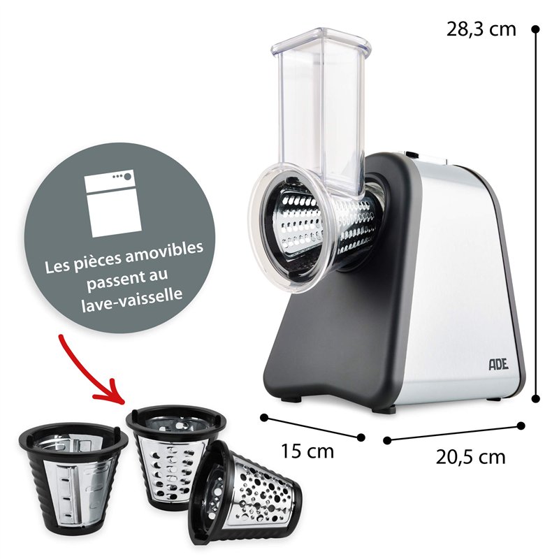 Image secondaire de ADE Râpe de cuisine électrique | max. 500 W | découpe legumes facilment, fromage, carottes, chocolat | coupe légumes | 4 accesso