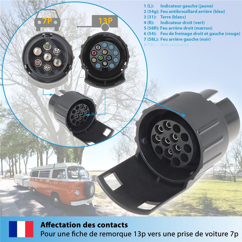 Image secondaire de valonic Adaptateur de remorque de 7 Broches vers 13 Broches - Noir - pour Voiture, remorque, Camion, Caravane, attelage