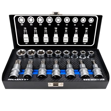 Haskyy Professional 16 pièces Jeu de douilles Torx d'embouts I Jeu d'écrous I T30-T70 55mm de long I E10-E20 39mm de long