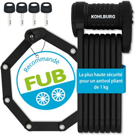 KOHLBURG Antivol velo de sécurité pliable [FUB 2 roues homologué] - Antivol vélo pliant 89 cm avec niveau de sécurité le plus él