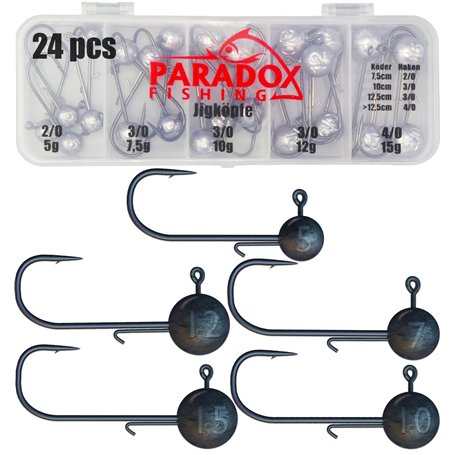 Paradox Fishing Lot de 24 têtes plombées de qualité supérieure (5 g/7.5 g/10 g/12 g/15 g) - 5/4 hameçons hameçons hameçons