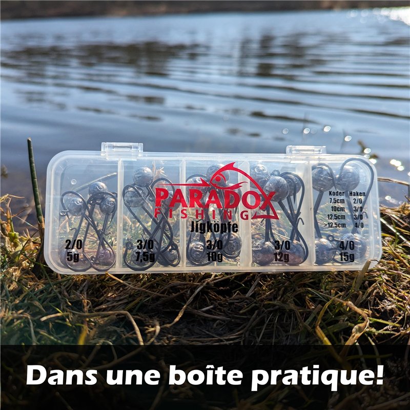 Image secondaire de Paradox Fishing Lot de 24 têtes plombées de qualité supérieure (5 g/7.5 g/10 g/12 g/15 g) - 5/4 hameçons hameçons hameçons, leur