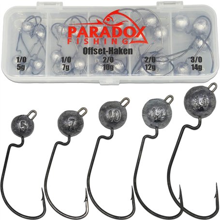 Paradox Fishing Lot de 24 hameçons Offset de qualité supérieure (5 g/7 g/10 g/ 12g 14 g) - 5 ou 4 pièces avec 1- Hameçons Offset