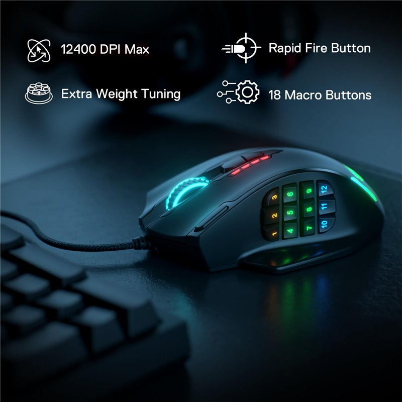 Image secondaire de Redragon M908 Impact RGB LED MMO Mouse avec Boutons latéraux Souris de Jeu Filaire Laser avec 12,400 DPI, Haute précision, 19 Bo