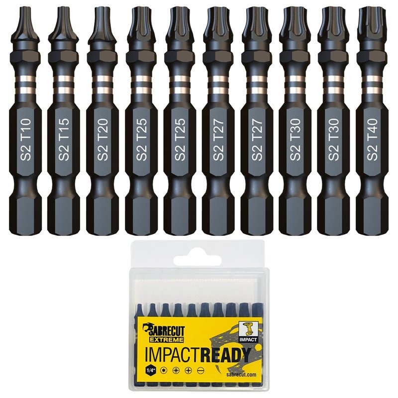 10 x SabreCut SCTKA10 50 mm T10 T15 T20 T27 T30 T40 Jeu d'embouts de tournevis à percussion Torx à une extrémité 10 15 20 27 30 