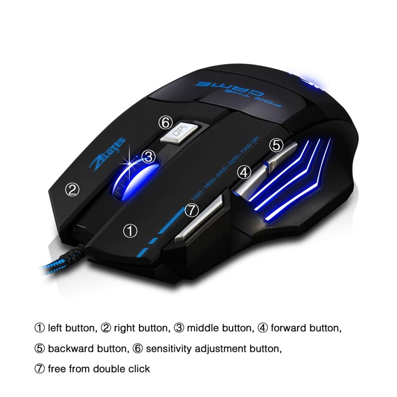 Image secondaire de zelotes Souris Gamer Filaire,7200DPI,7 Boutons,Haute Précision,Conception Ergonomique,LED,Optique USB Souris de Jeu pour PC,Ordi